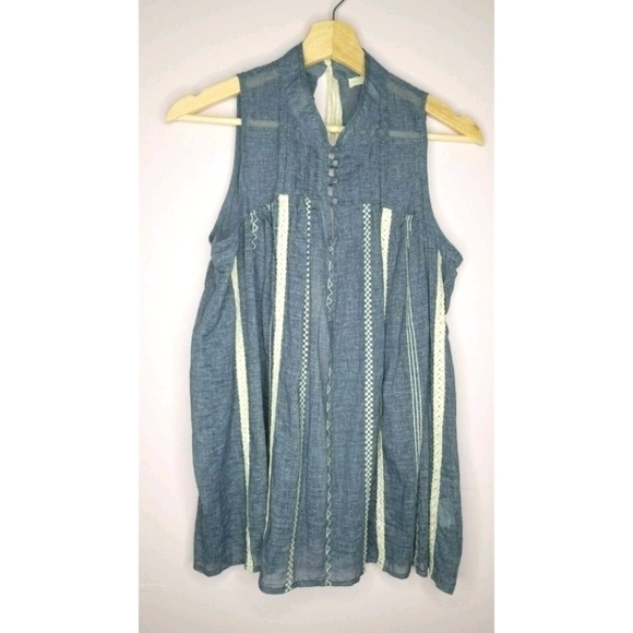 Ryu 100% Cotton Blue Semi Transparent Lace Accent Open Lower Back Blouse Size S - Picture 1 of 12